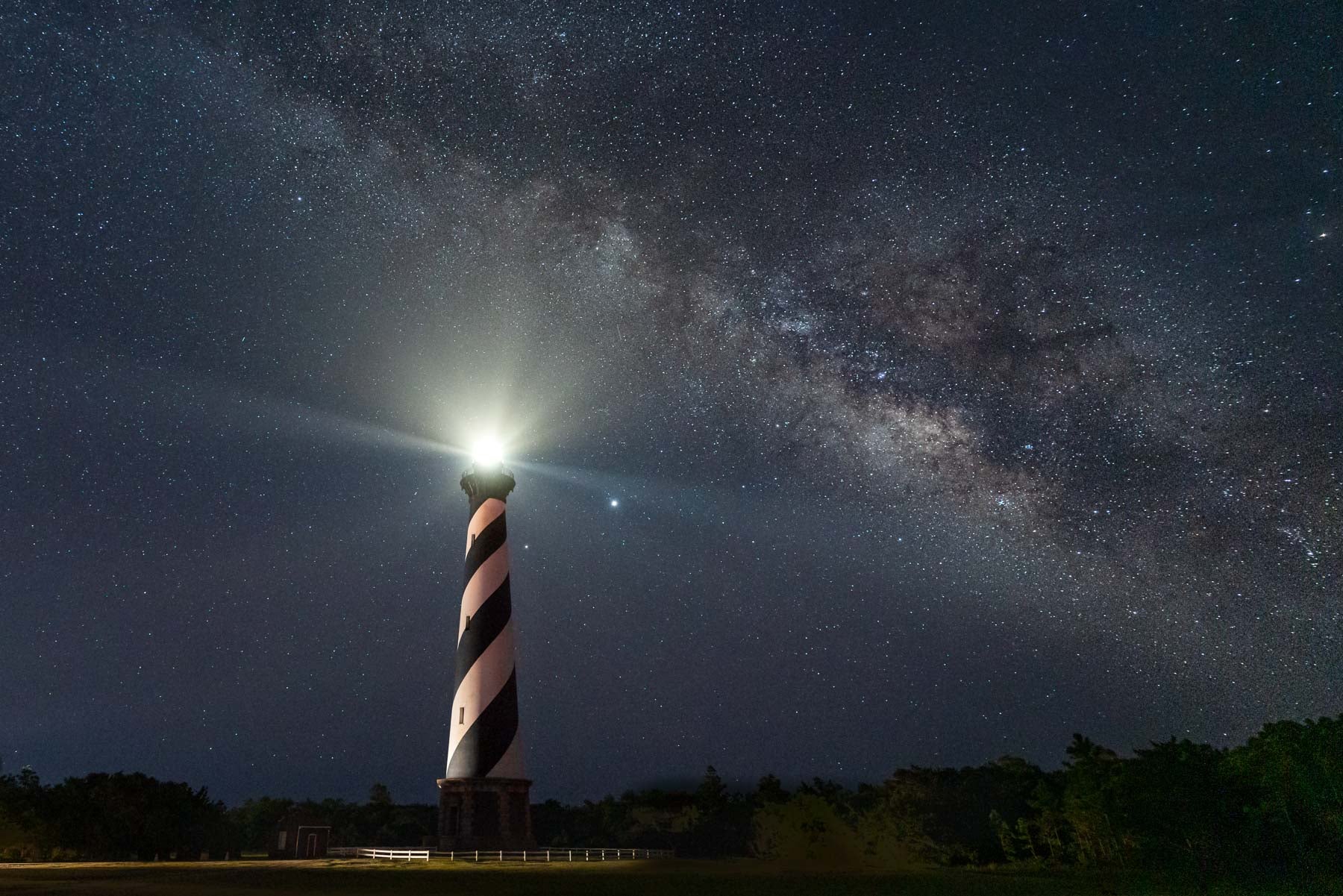 Cape Hatteras Lighthouse in Buxton NC at night with stars
