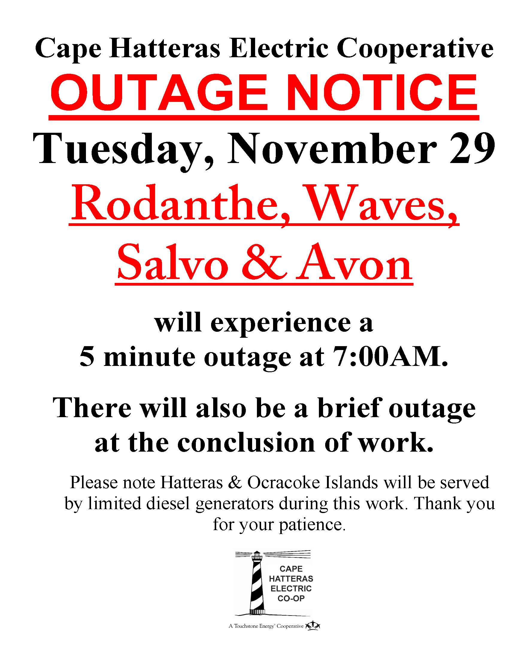 Outage Notice for November 29, Call 800-454-5616 for details